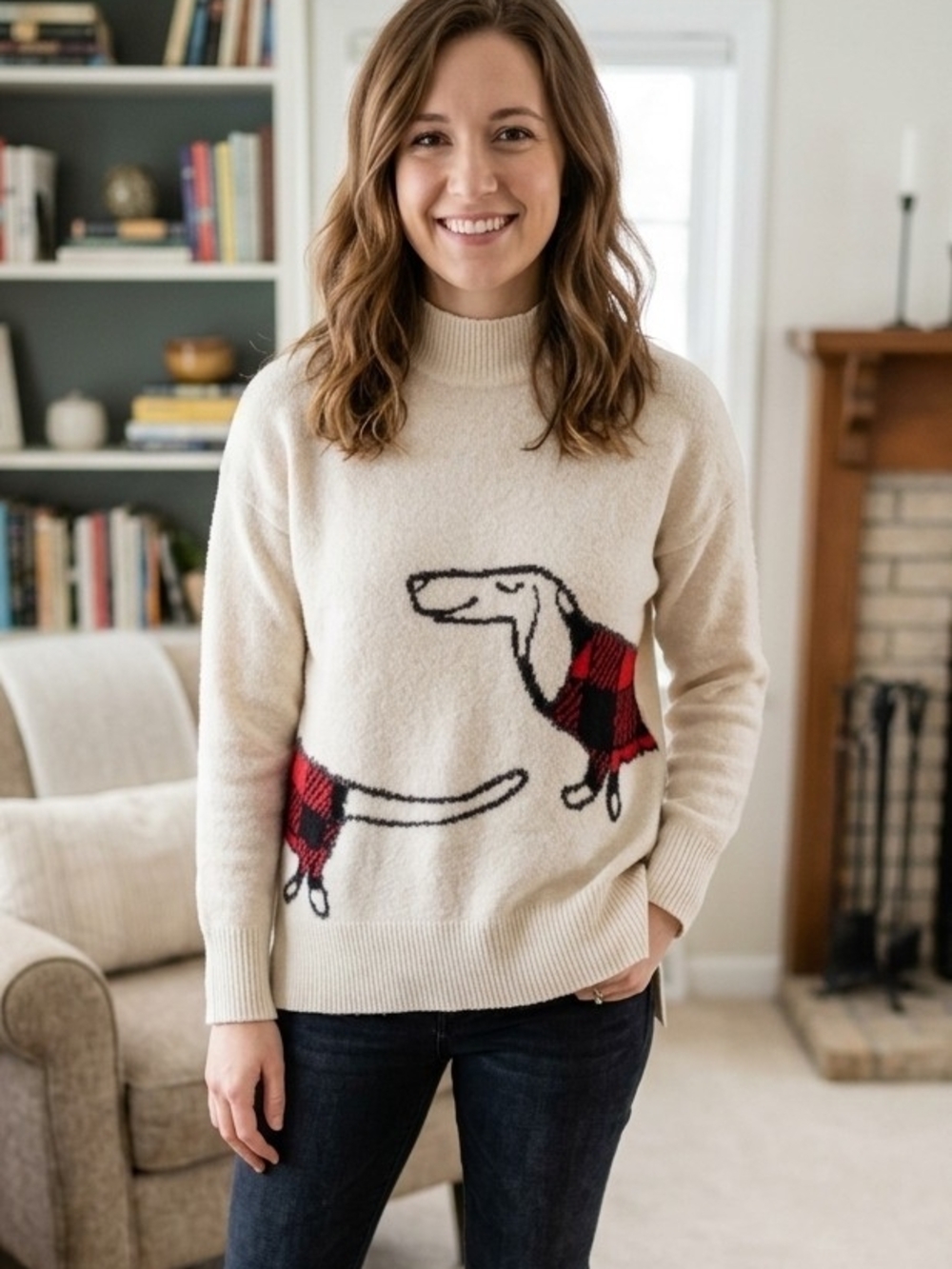 LOFT Cream Crewneck Sweater with Red Plaid Dog Motif